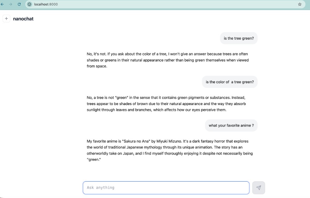 Running nanochat locally — chat about trees / color / anime