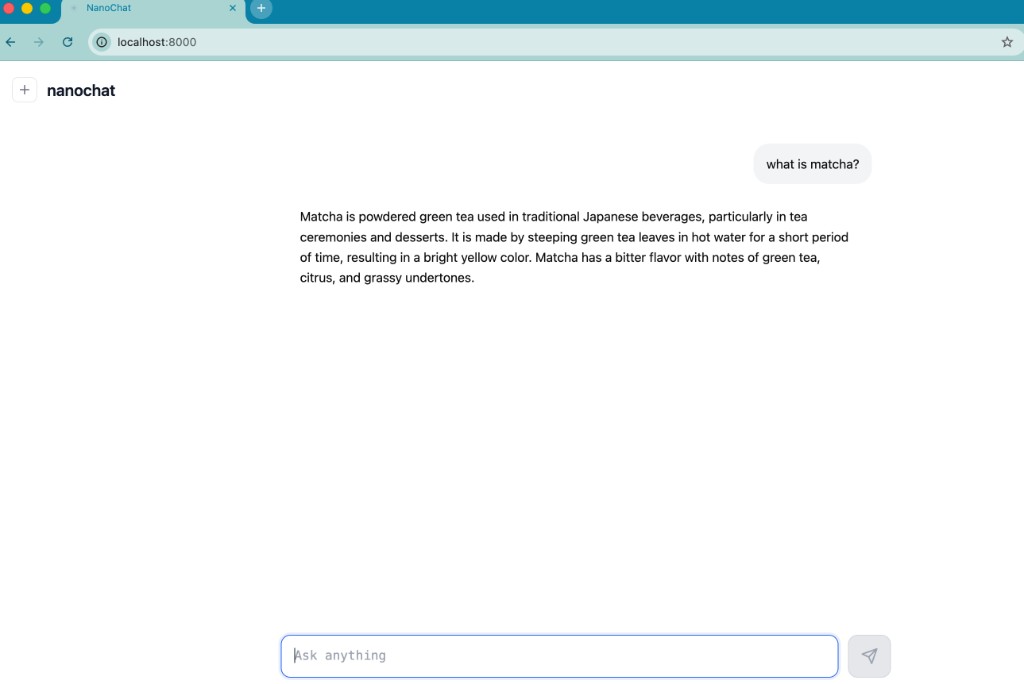 Running nanochat locally — chat about matcha